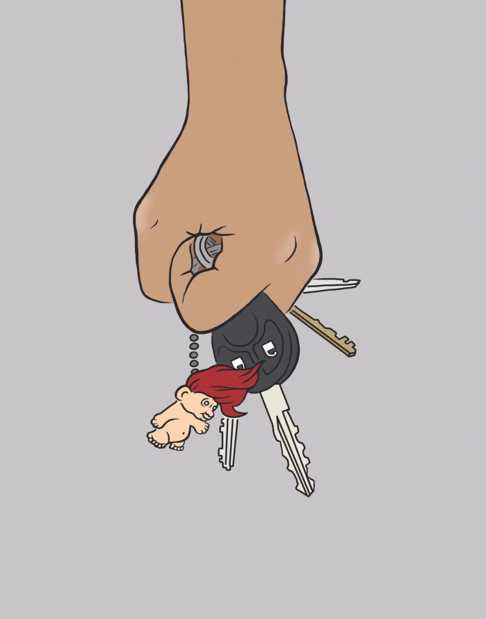 Illustration of a hand clutching a set of keys. Tara Krebs, excerpt from "You'll Distract the Boys!": A Choose-Your-Own Compendium Of Female Existence, 2018.