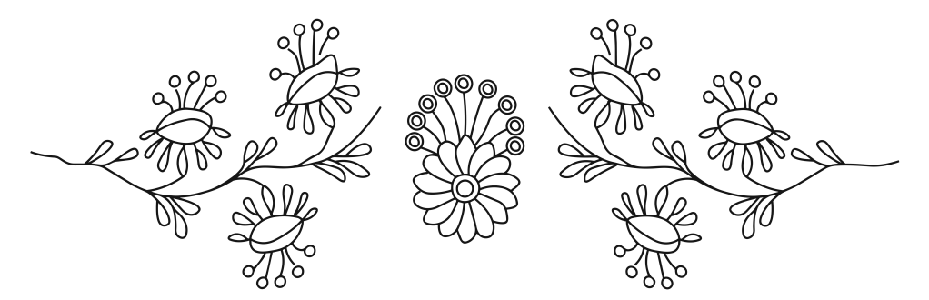 A decorative illustration of flowers and branches in a symmetrical design, featuring various floral shapes with simple line art.